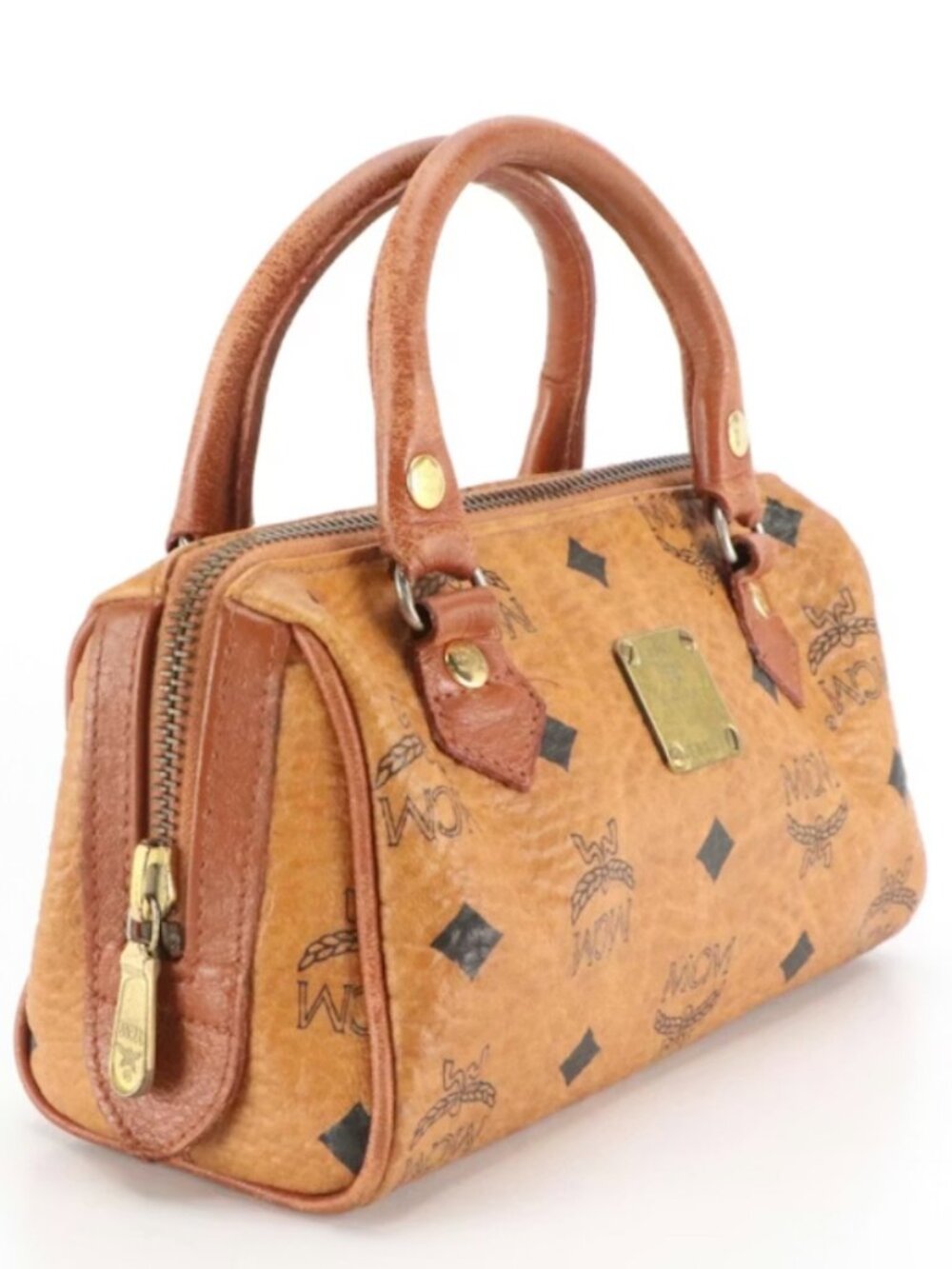 MCM mini Boston bag Visetos Cognac canvas and leather .